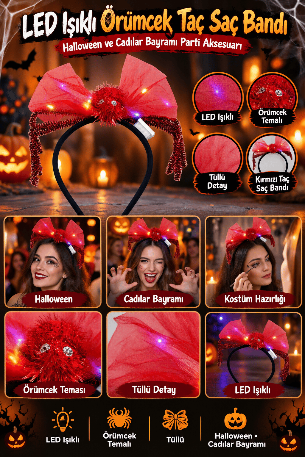 Halloween LED Işıklı Örümcek Kırmızı Taç Saç Bandı Tüllü Cadılar Bayramı