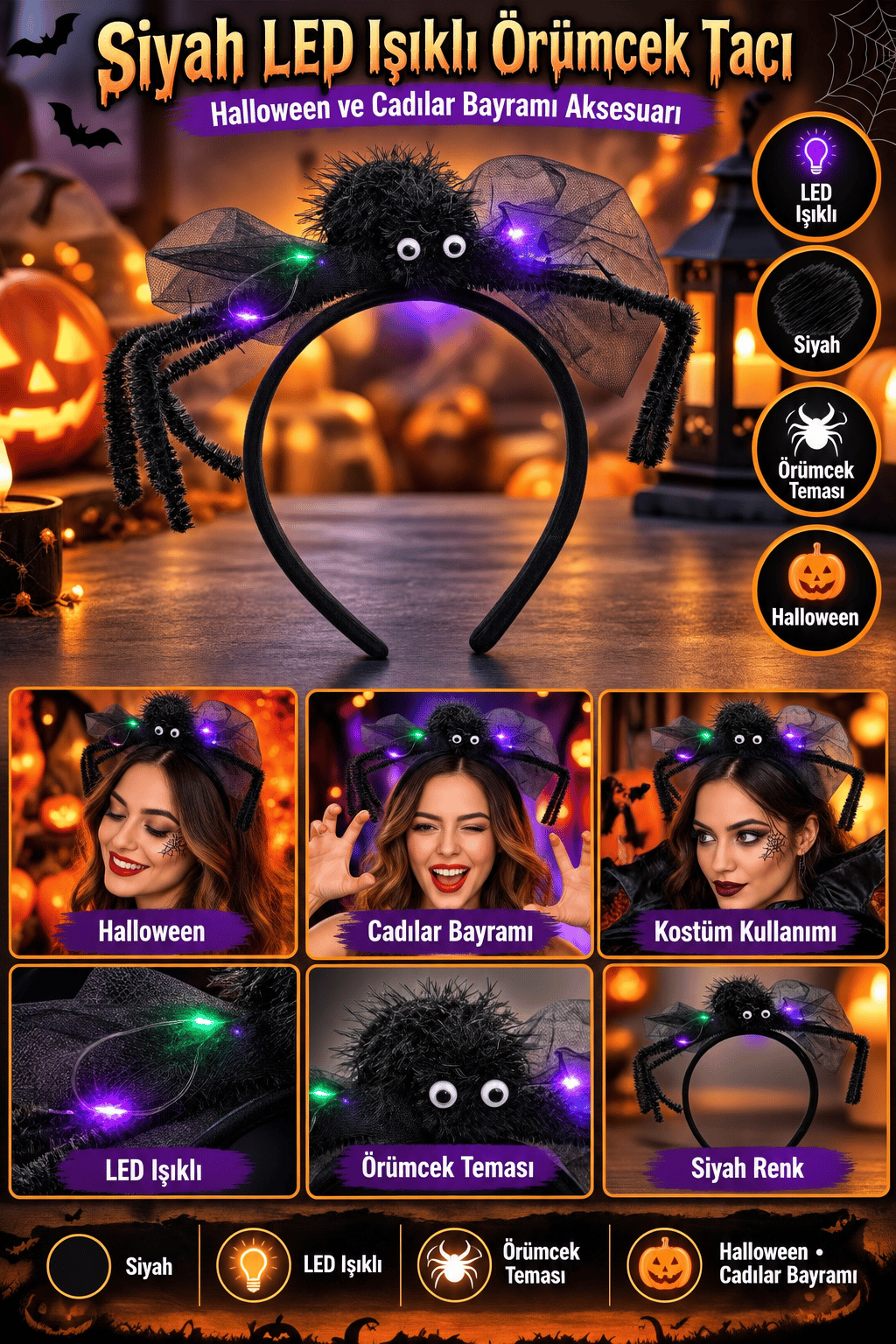 Halloween LED Işıklı Örümcek Siyah Taç Saç Band Cadılar Bayramı