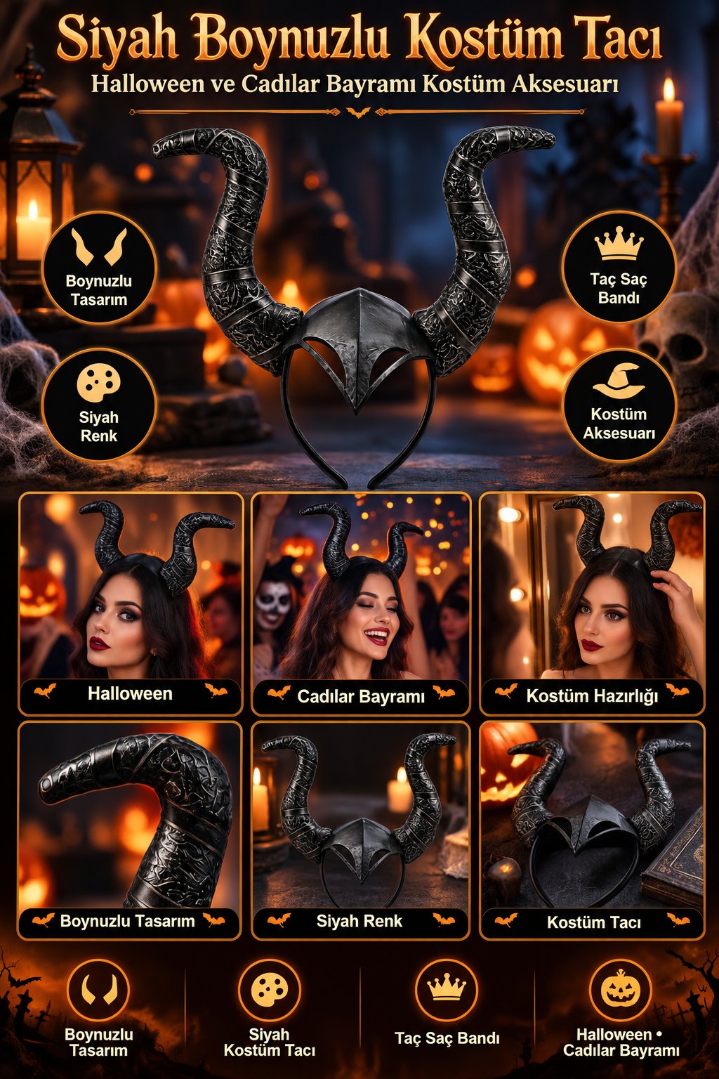 Halloween Malefiz Taç Siyah Boynuzlu