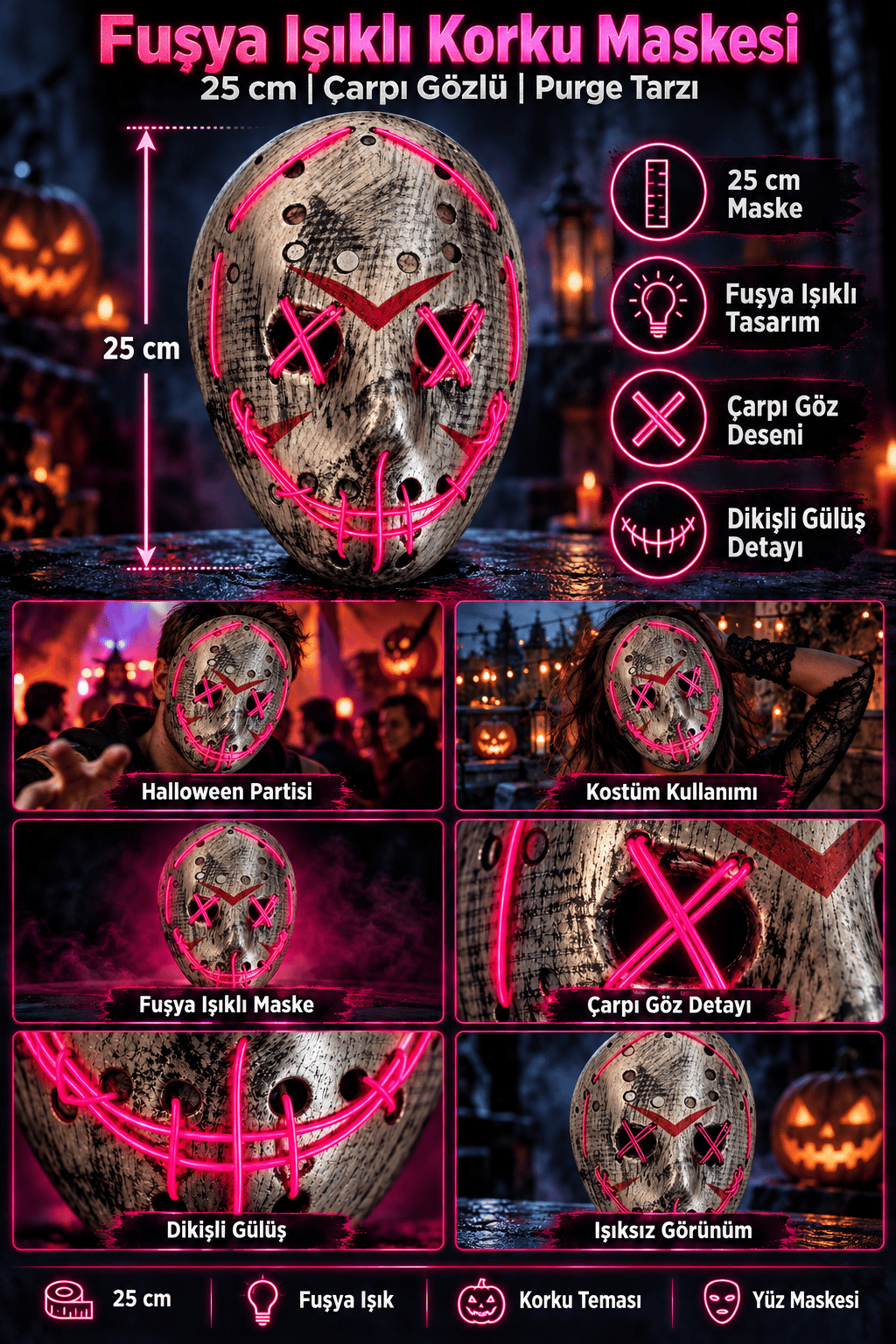 Halloween Maske Fosforlu FUŞYA Işıklı 25CM
