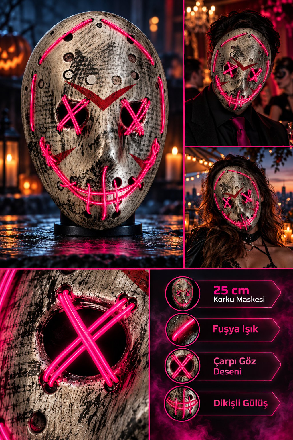 Halloween Maske Fosforlu FUŞYA Işıklı 25CM