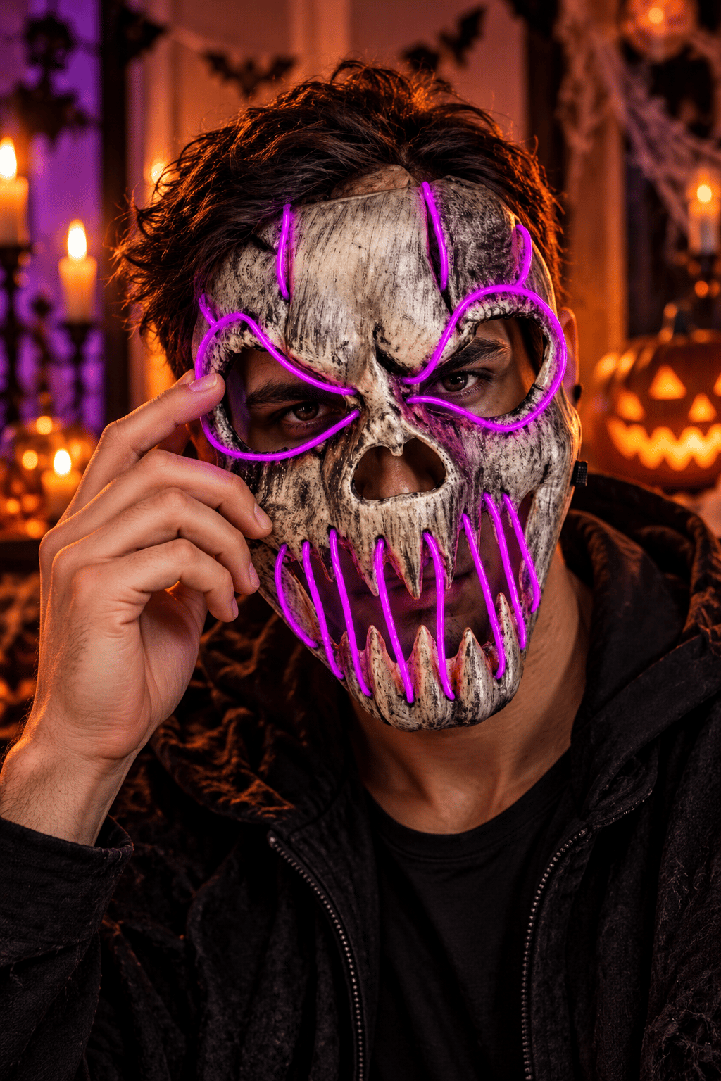 Halloween Maske Fosforlu FUŞYA Kuru kafa iskelet Işıklı 23CM