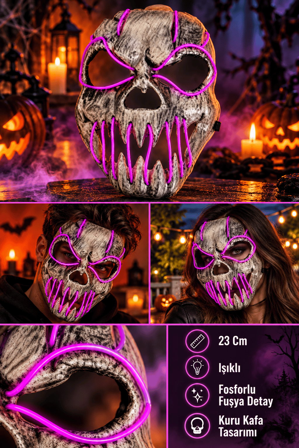 Halloween Maske Fosforlu FUŞYA Kuru kafa iskelet Işıklı 23CM