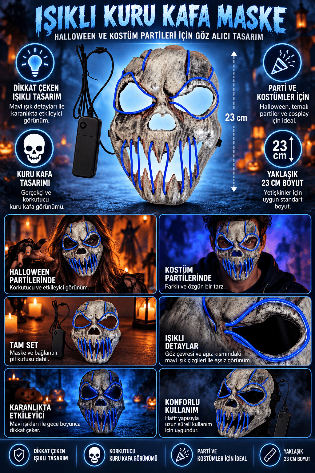 Halloween Maske Fosforlu MAVİ Kuru kafa iskelet Işıklı 23CM