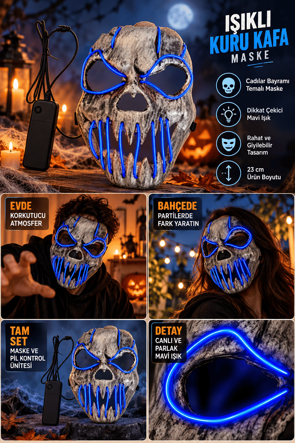 Halloween Maske Fosforlu MAVİ Kuru kafa iskelet Işıklı 23CM