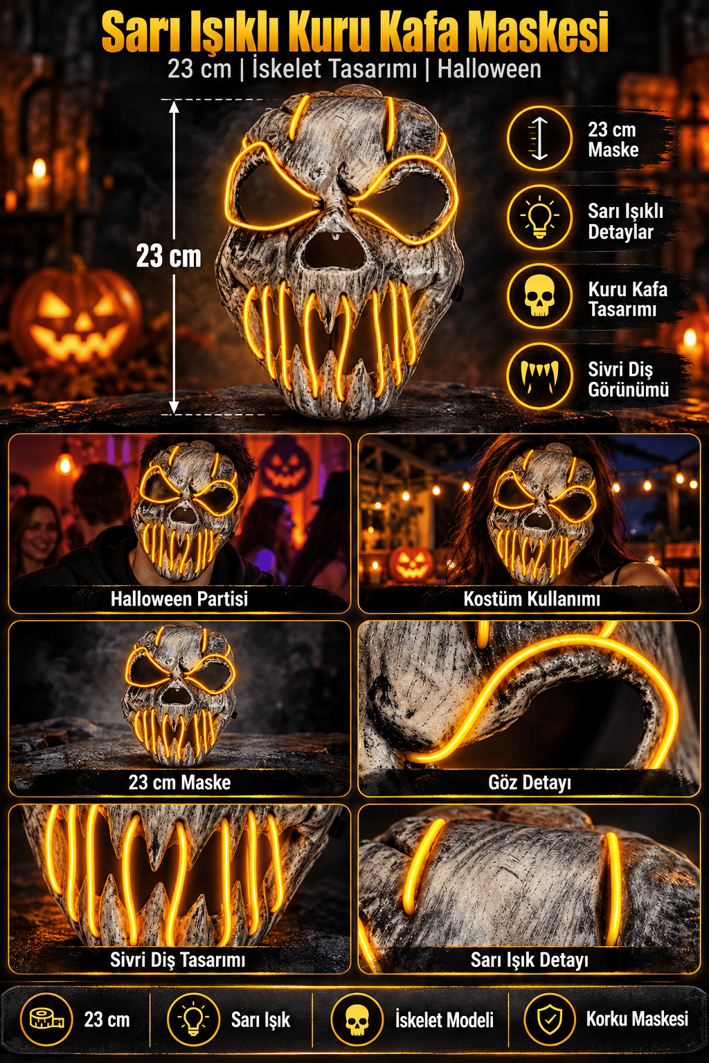 Halloween Maske Fosforlu SARI Kuru kafa iskelet Işıklı 23CM