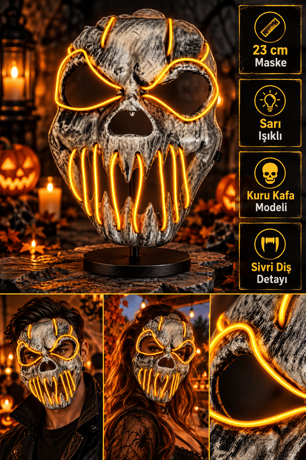 Halloween Maske Fosforlu SARI Kuru kafa iskelet Işıklı 23CM