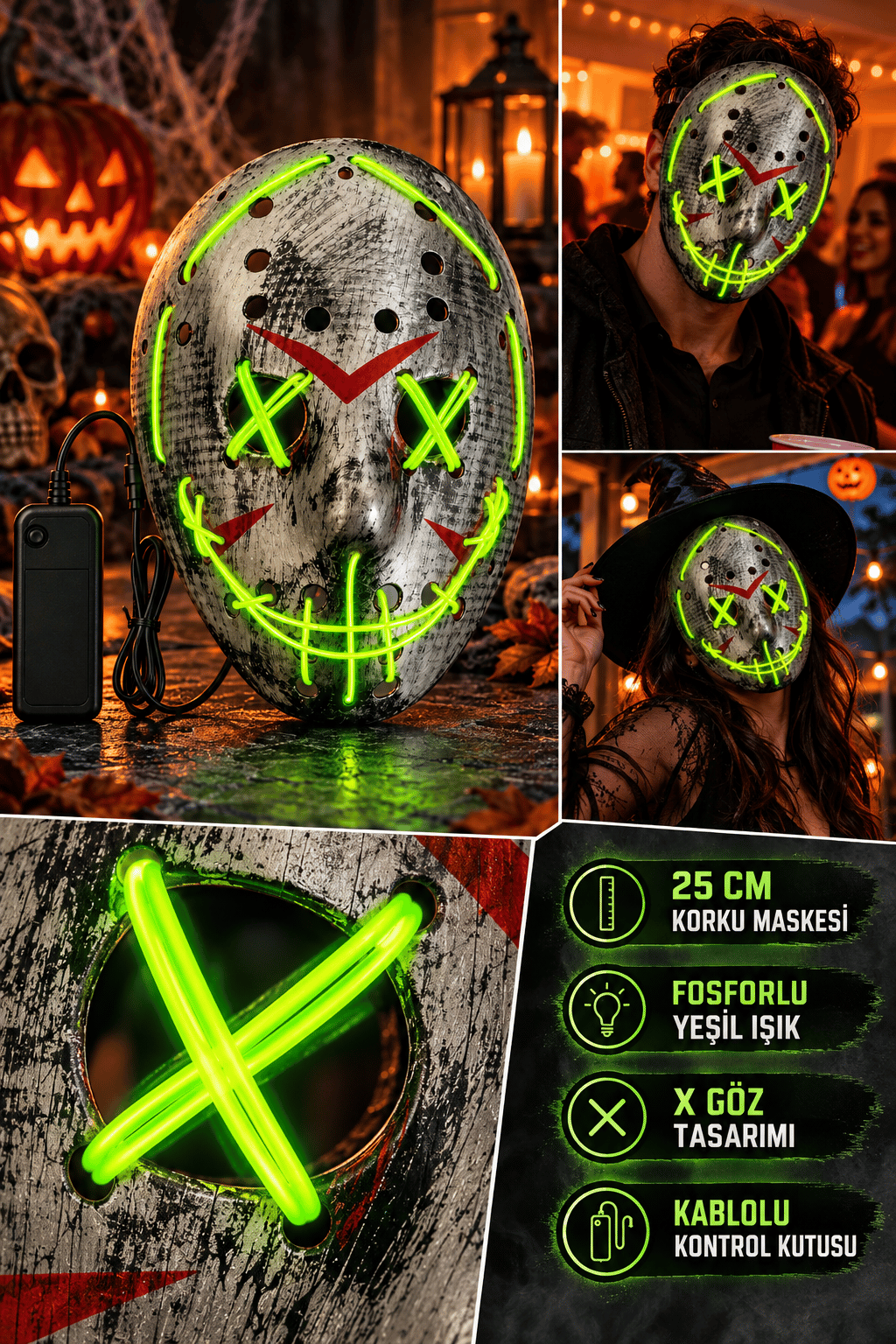 Halloween Maske Fosforlu YEŞİL Işıklı 25CM