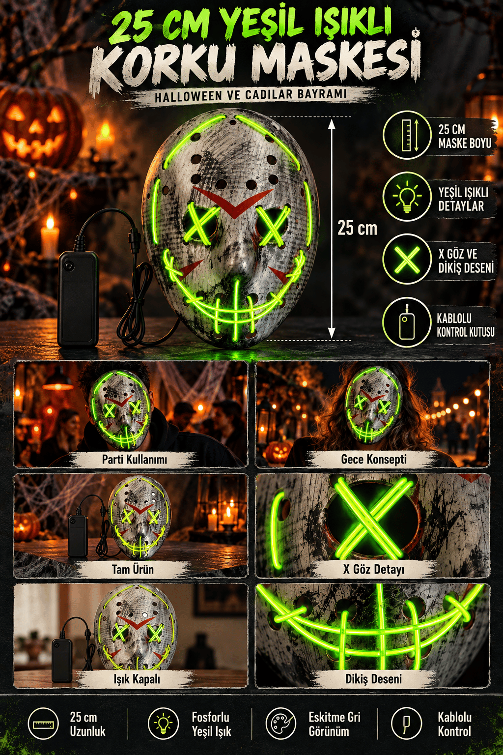 Halloween Maske Fosforlu YEŞİL Işıklı 25CM