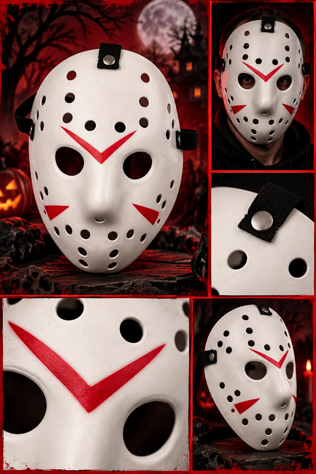 Halloween Maske Jason Kırmızı Şeritli Beyaz