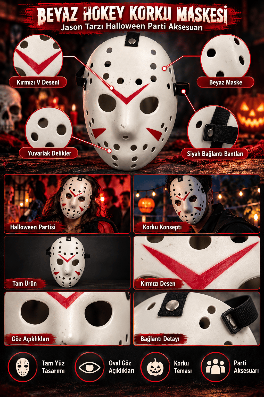 Halloween Maske Jason Kırmızı Şeritli Beyaz