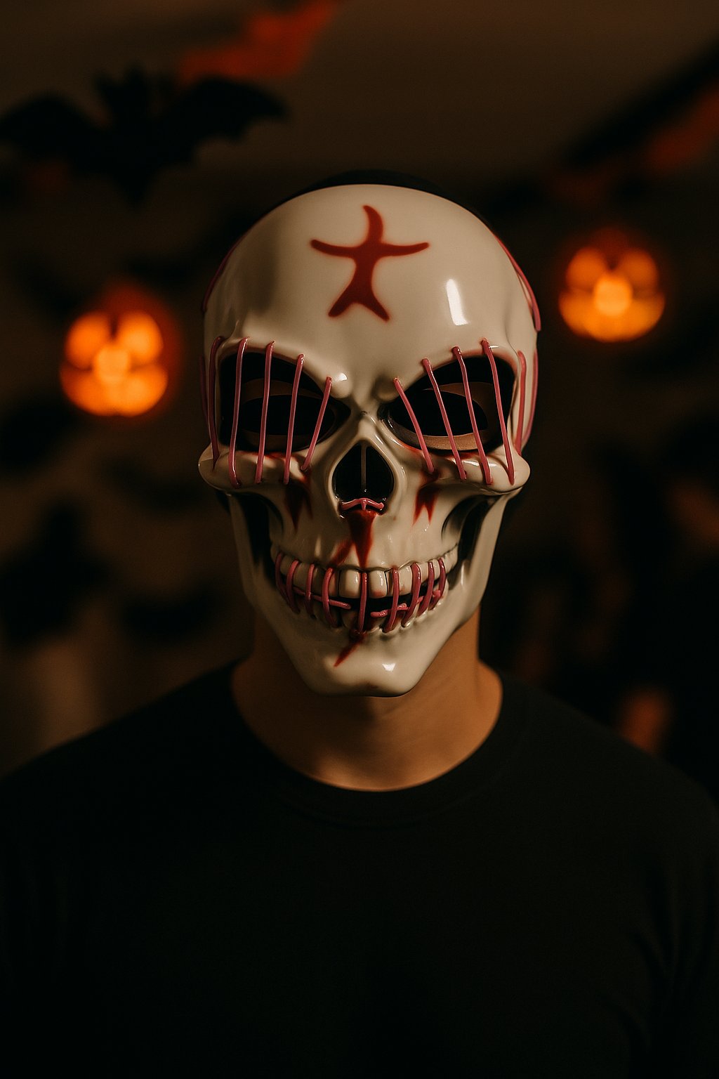 Halloween Maske Kuru kafa Işıklı Fuşya Teller   