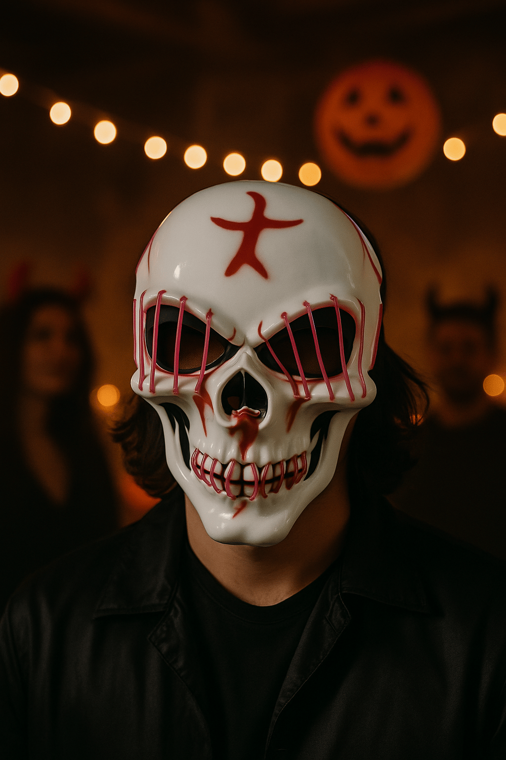 Halloween Maske Kuru kafa Işıklı Fuşya Teller   