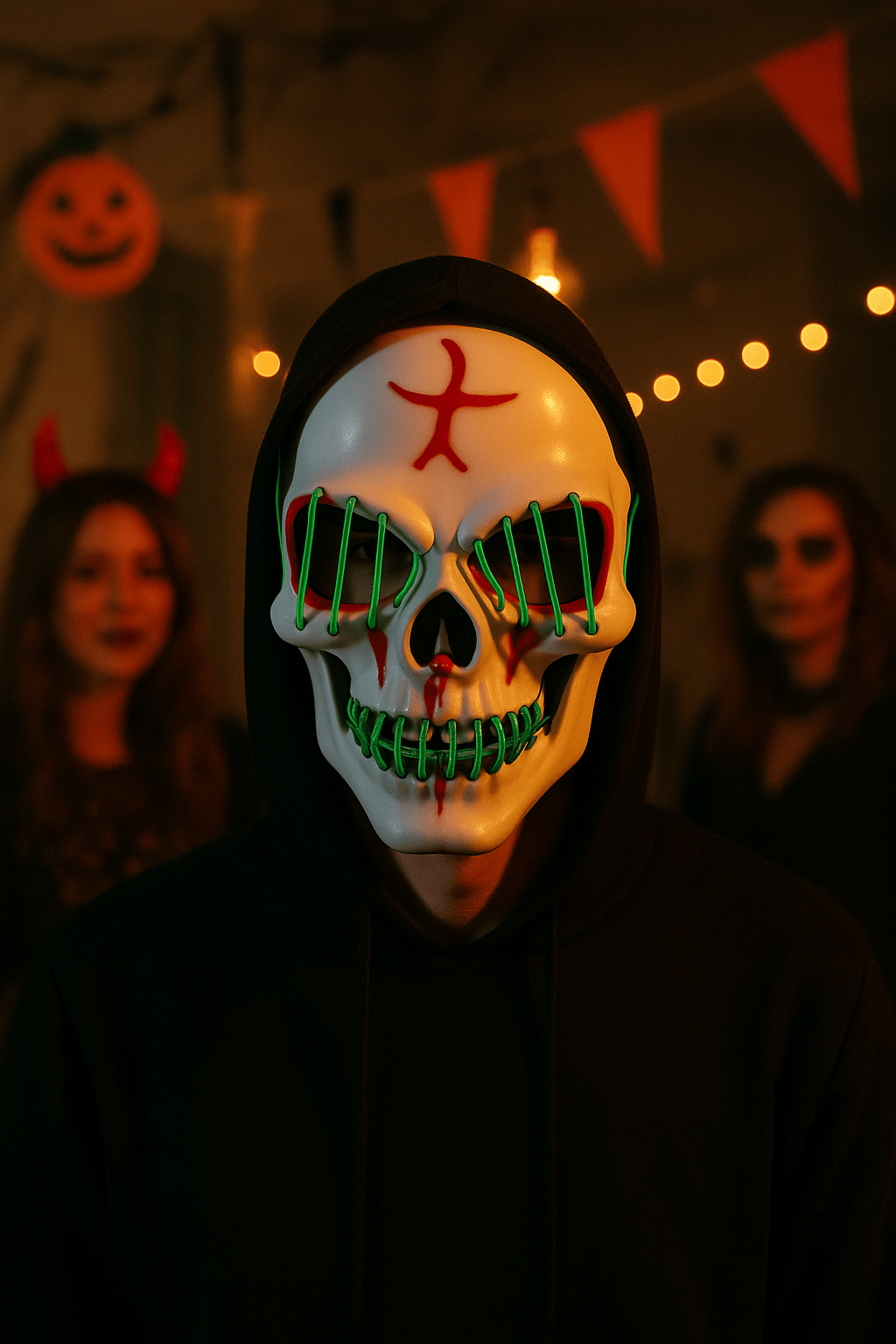 Halloween Maske Kuru kafa Işıklı Yeşil Teller