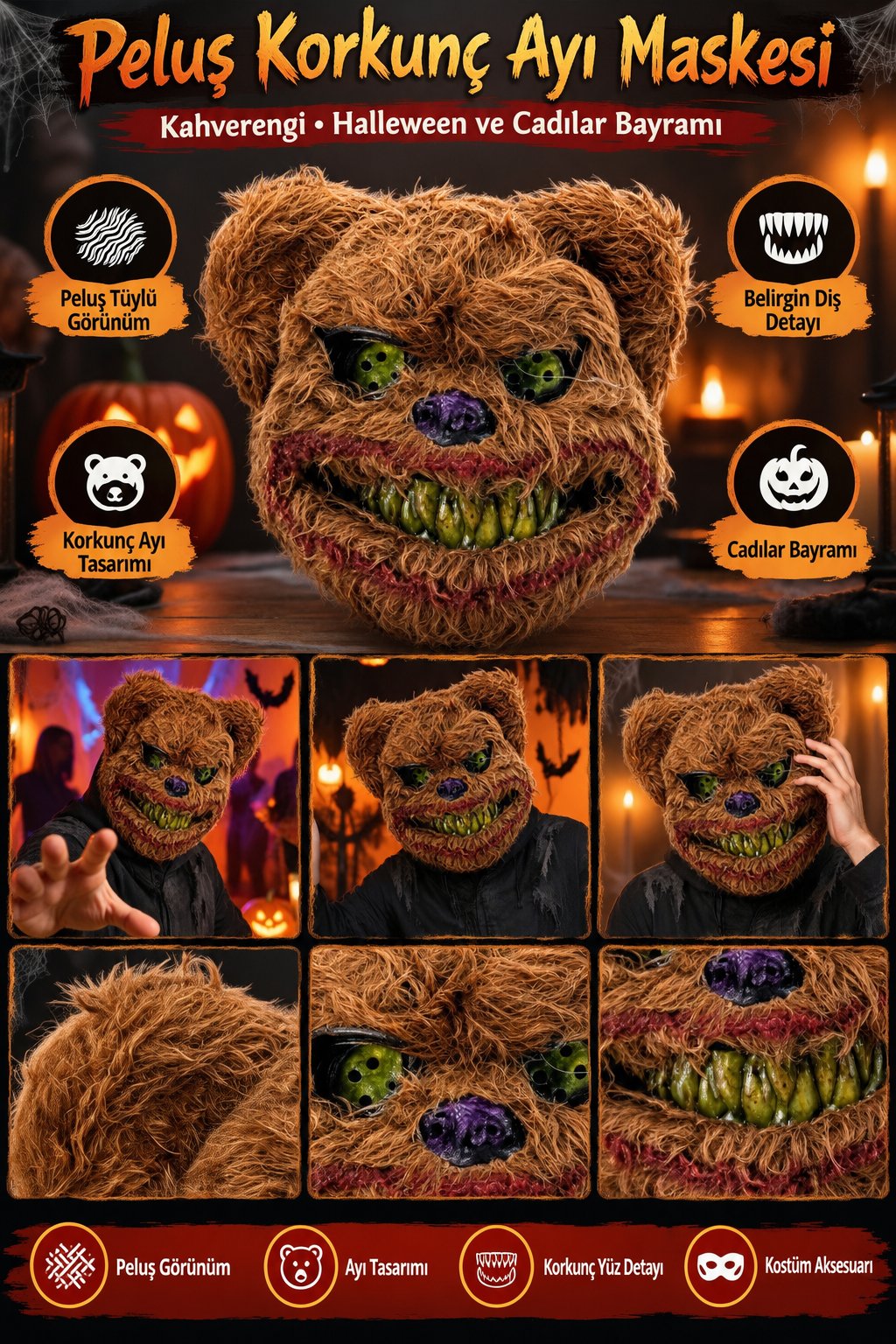Halloween Maske Peluş Korkunç Ayı Maskesi