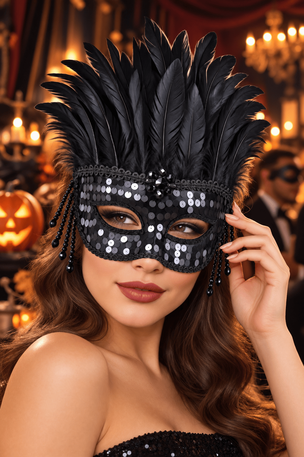 Halloween Maske Tüylü Parlak taş ve payet cadılar bayramı