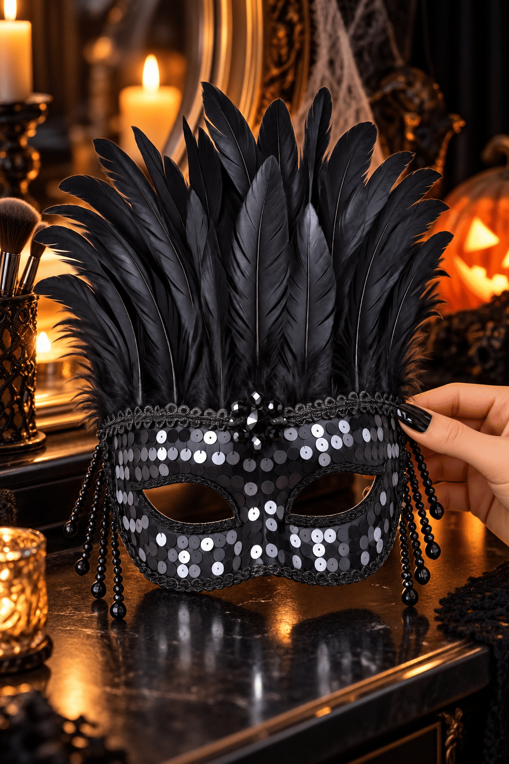 Halloween Maske Tüylü Parlak taş ve payet cadılar bayramı
