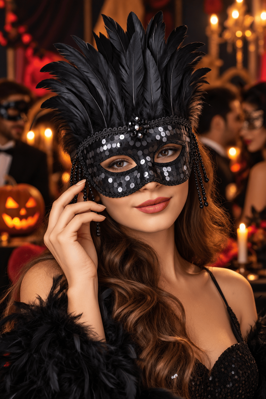 Halloween Maske Tüylü Parlak taş ve payet cadılar bayramı