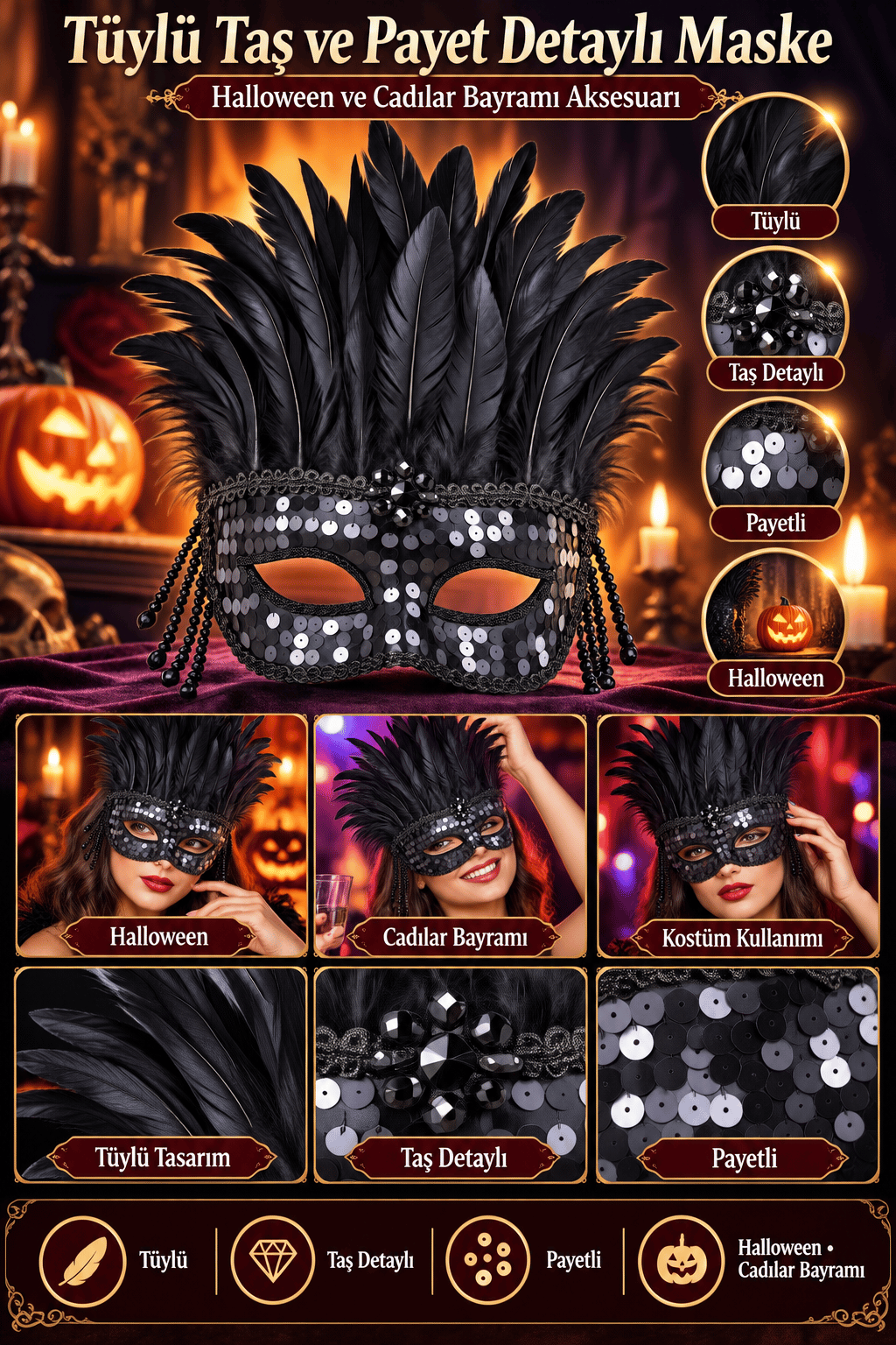 Halloween Maske Tüylü Parlak taş ve payet cadılar bayramı