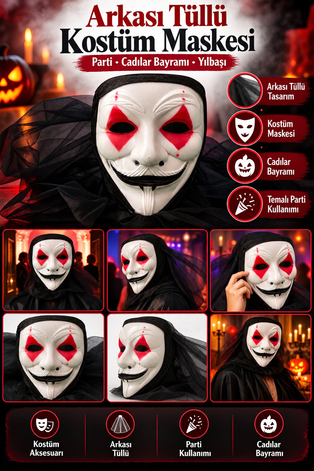 Halloween Maske V For Vandetta Maskesi Vendetta Maske Yılbaşı Halloween Cadılar arkası tüllü