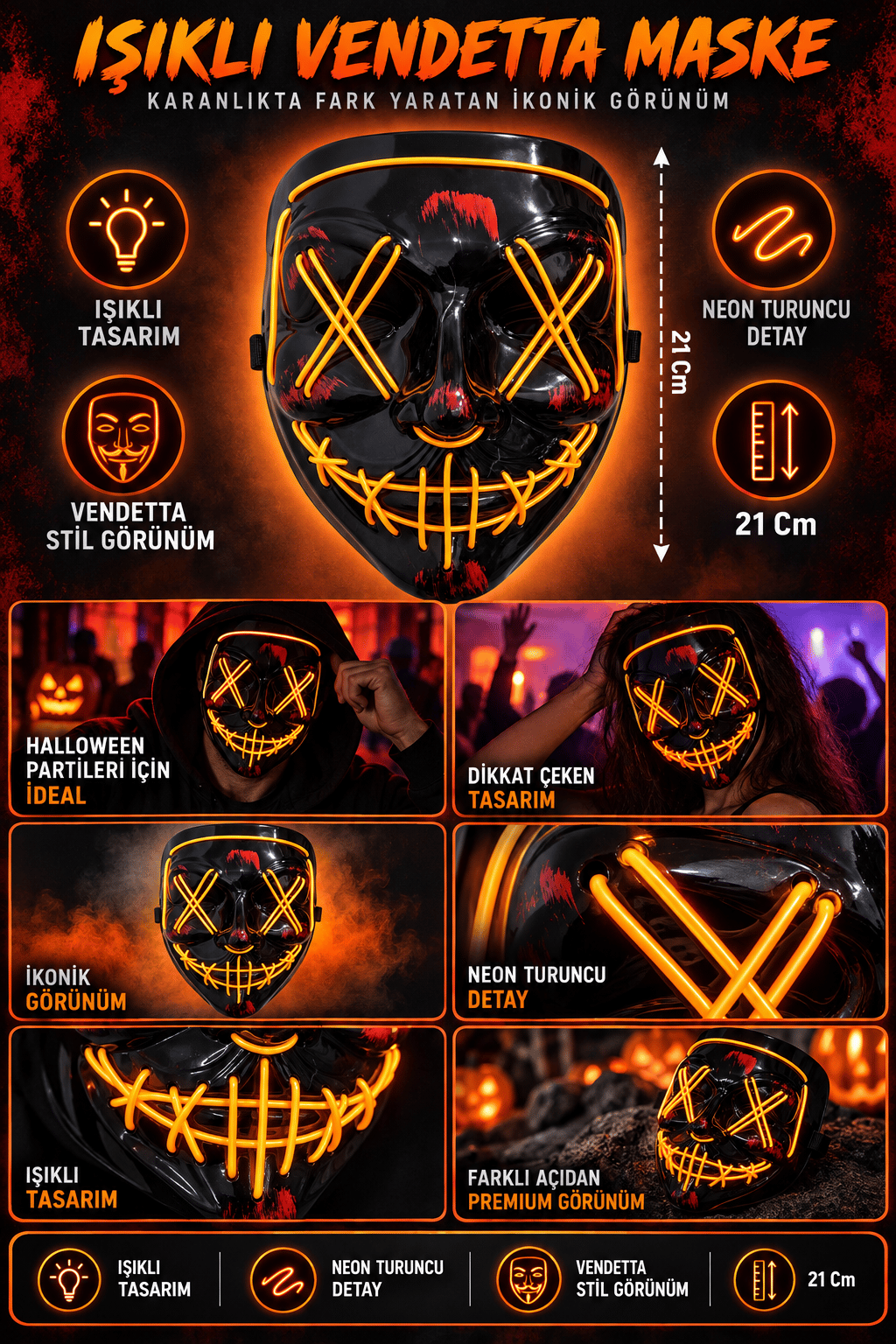 Halloween Maske Vendetta Neon Turuncu Işıklı 21 CM