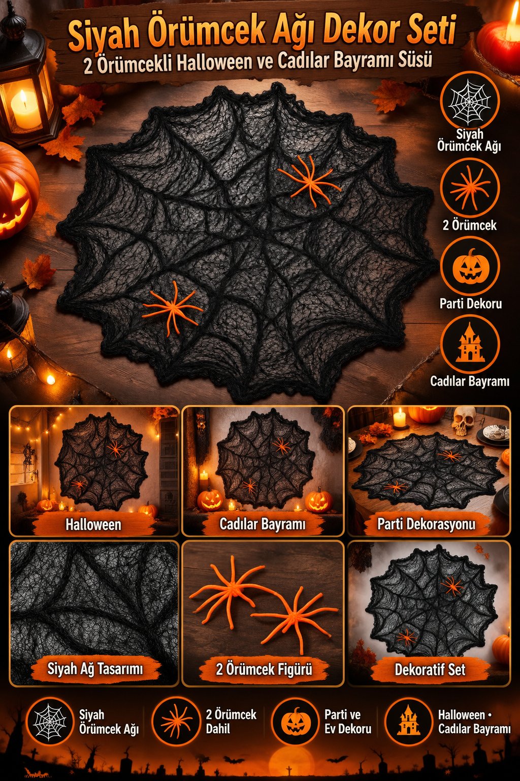 Halloween Örümcek Ağı Siyah Dekor Süsü 2 Örümcekli Cadılar Bayramı