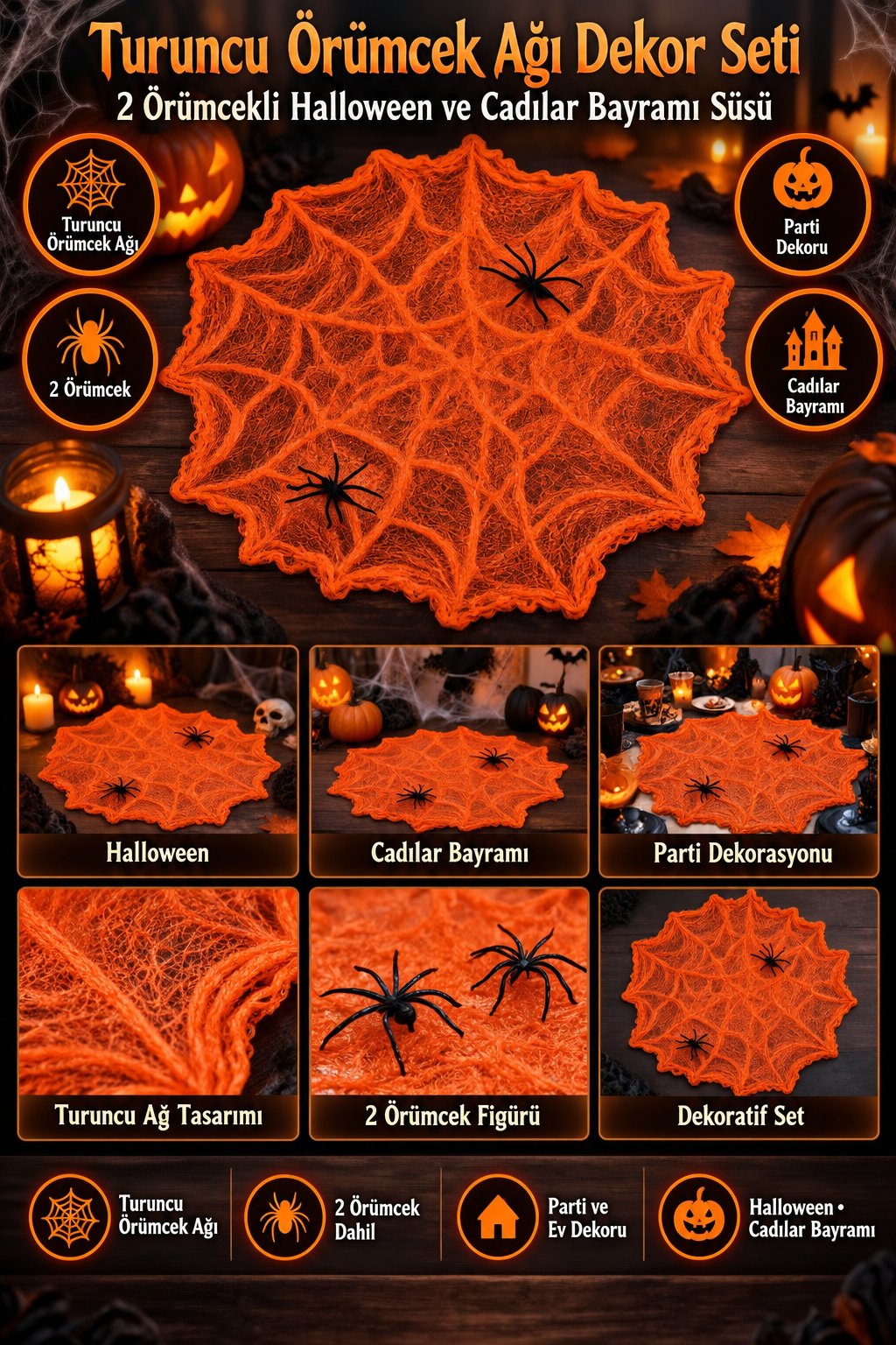 Halloween Örümcek Ağı turuncu Dekor Süsü 2 Örümcekli Cadılar Bayramı