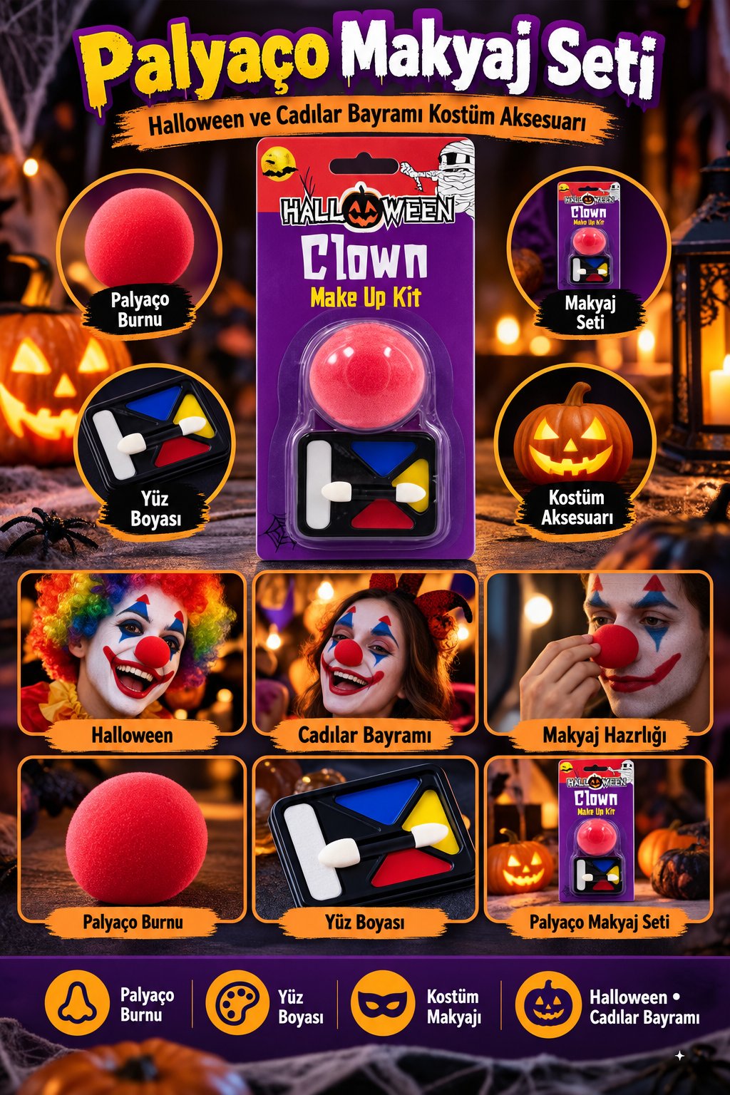 Halloween Palyaço Makyaj Seti Burun ve Yüz Boyası Cadılar Bayramı Parti Kostüm Gösteri Aksesuarı