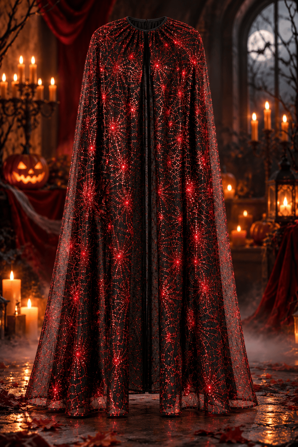 Halloween Pelerin KIRMIZI Örümcek Ağı Desenli  130 Cm Cadı Kostüm Yetişkin- Çocuk
