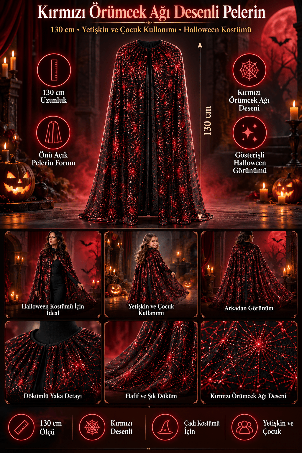 Halloween Pelerin KIRMIZI Örümcek Ağı Desenli  130 Cm Cadı Kostüm Yetişkin- Çocuk