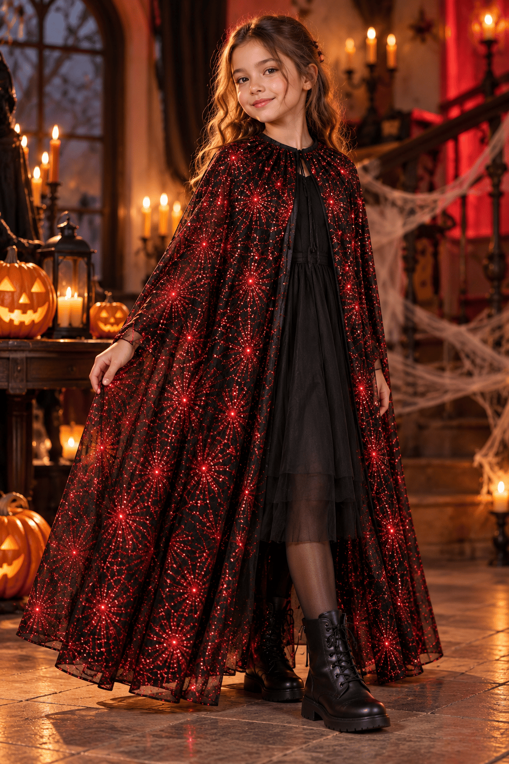 Halloween Pelerin KIRMIZI Örümcek Ağı Desenli  130 Cm Cadı Kostüm Yetişkin- Çocuk
