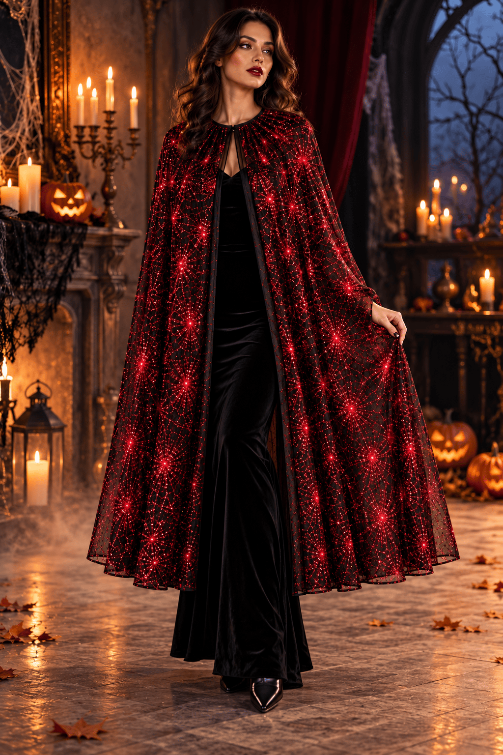Halloween Pelerin KIRMIZI Örümcek Ağı Desenli  130 Cm Cadı Kostüm Yetişkin- Çocuk