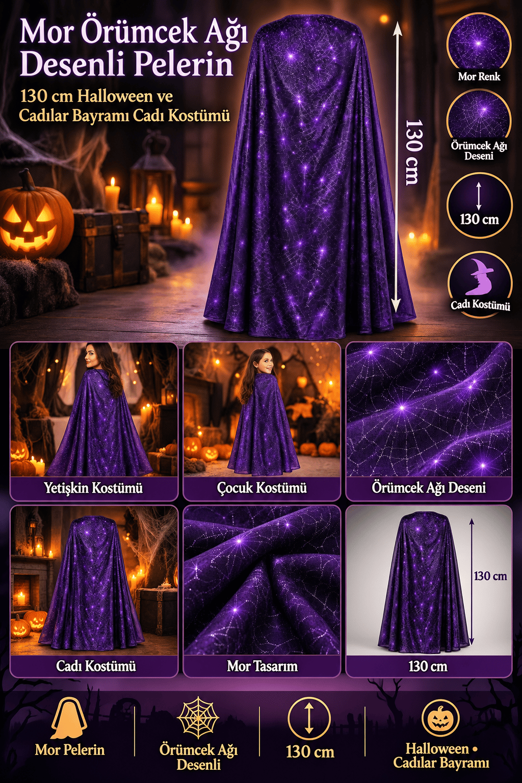 Halloween Pelerin MOR Örümcek Ağı Desenli  130 Cm Cadı Kostüm Yetişkin Çocuk