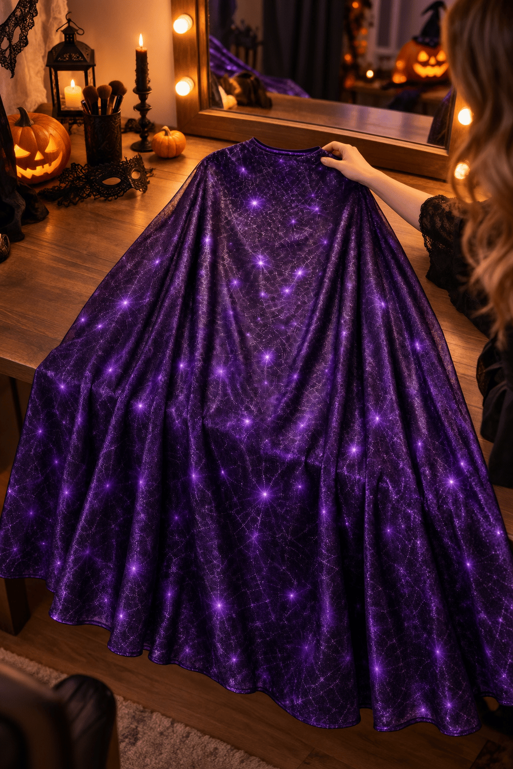 Halloween Pelerin MOR Örümcek Ağı Desenli  130 Cm Cadı Kostüm Yetişkin Çocuk