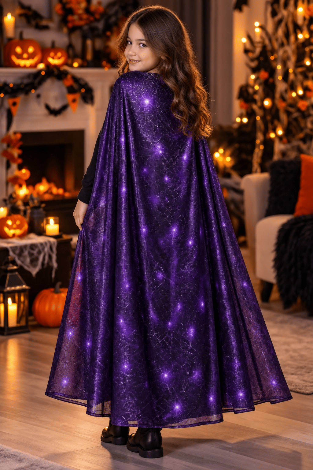 Halloween Pelerin MOR Örümcek Ağı Desenli  130 Cm Cadı Kostüm Yetişkin Çocuk