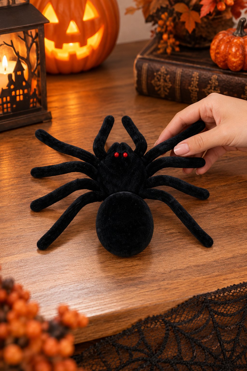 Halloween Peluş Siyah Örümcek 19x15 cm Kırmızı Gözlü