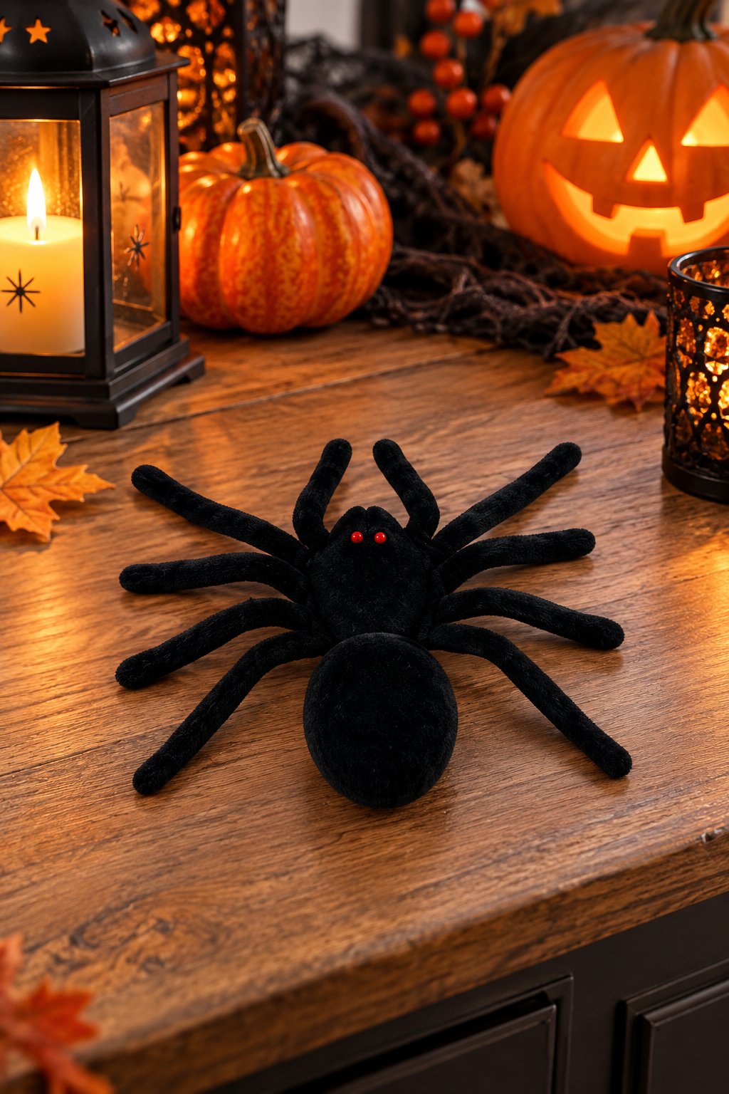 Halloween Peluş Siyah Örümcek 19x15 cm Kırmızı Gözlü