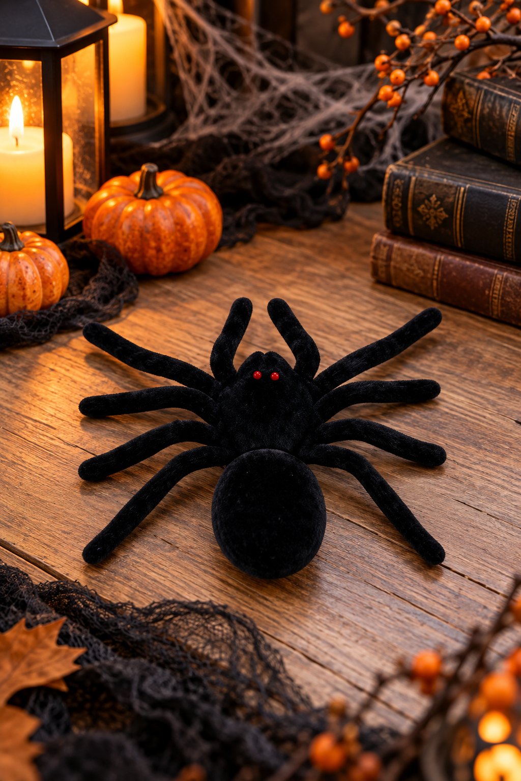 Halloween Peluş Siyah Örümcek 19x15 cm Kırmızı Gözlü