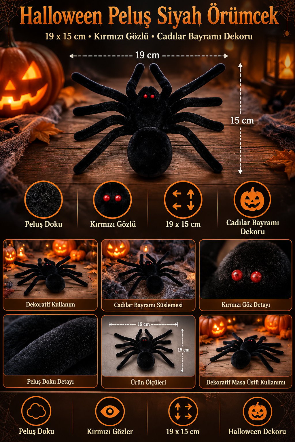 Halloween Peluş Siyah Örümcek 19x15 cm Kırmızı Gözlü