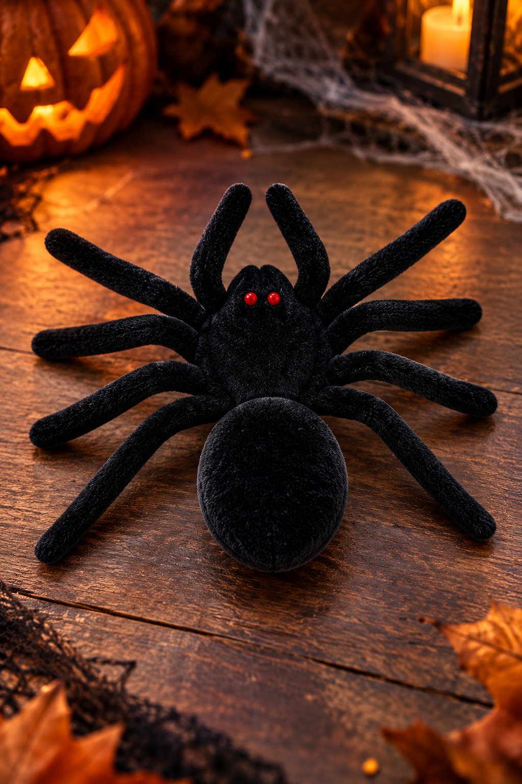 Halloween Peluş Siyah Örümcek 19x15 cm Kırmızı Gözlü