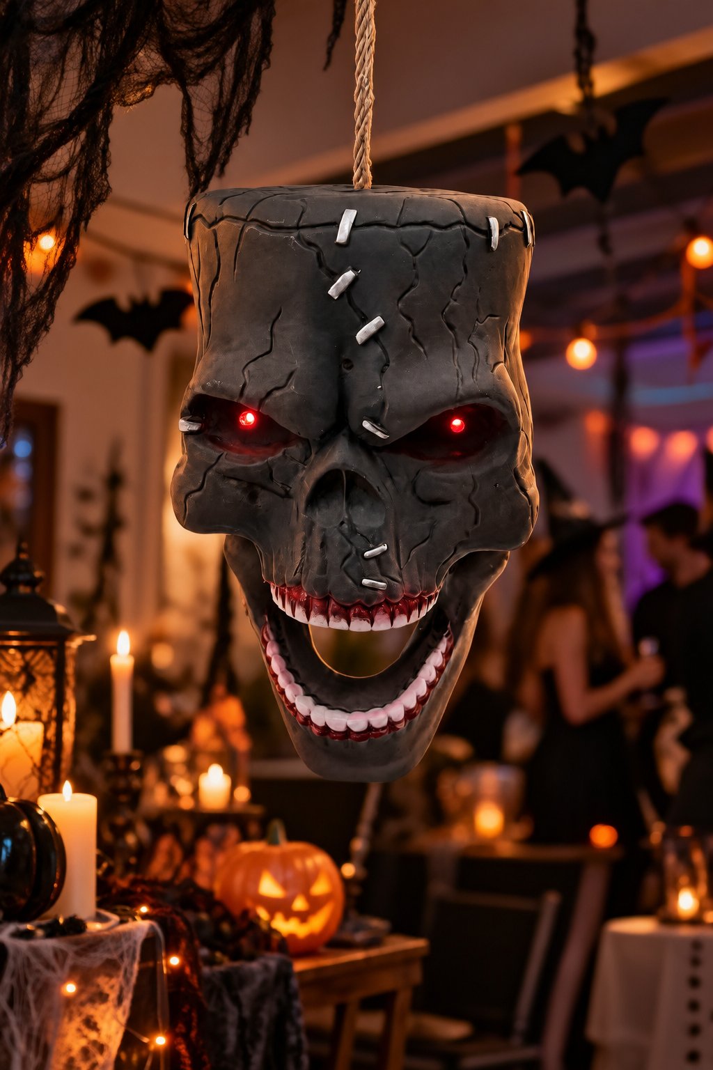 Halloween Sesli ve Kırmızı Işıklı Asılabilir Korkunç Kuru Kafa Cadılar Bayramı