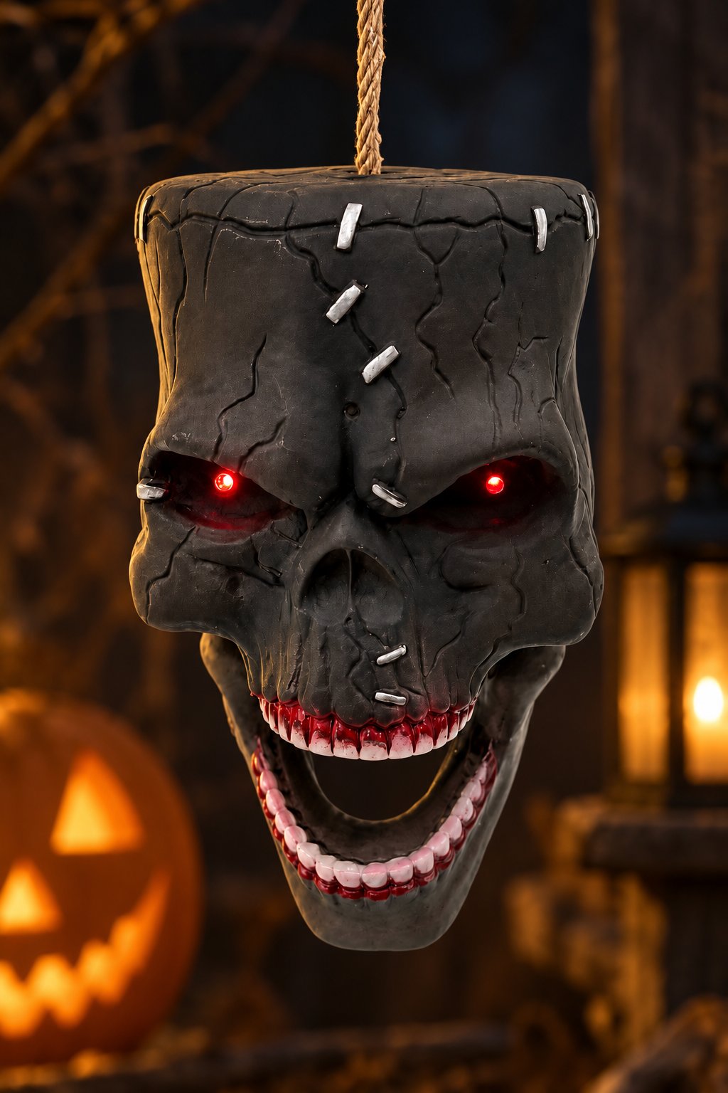 Halloween Sesli ve Kırmızı Işıklı Asılabilir Korkunç Kuru Kafa Cadılar Bayramı
