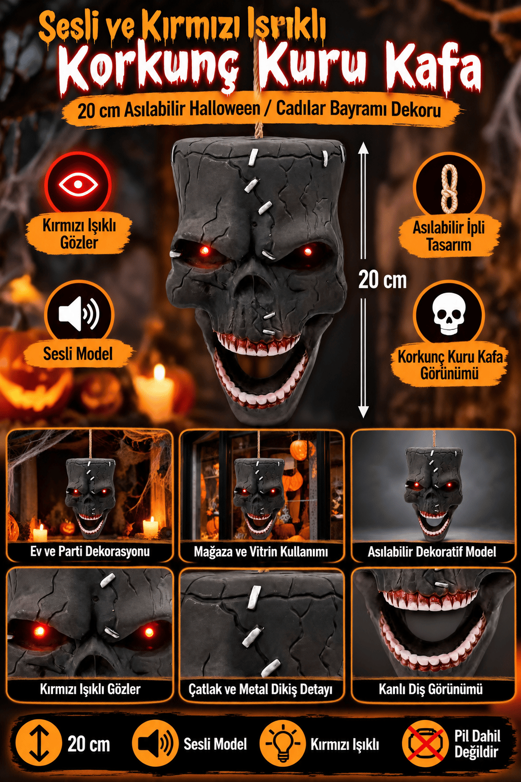 Halloween Sesli ve Kırmızı Işıklı Asılabilir Korkunç Kuru Kafa Cadılar Bayramı