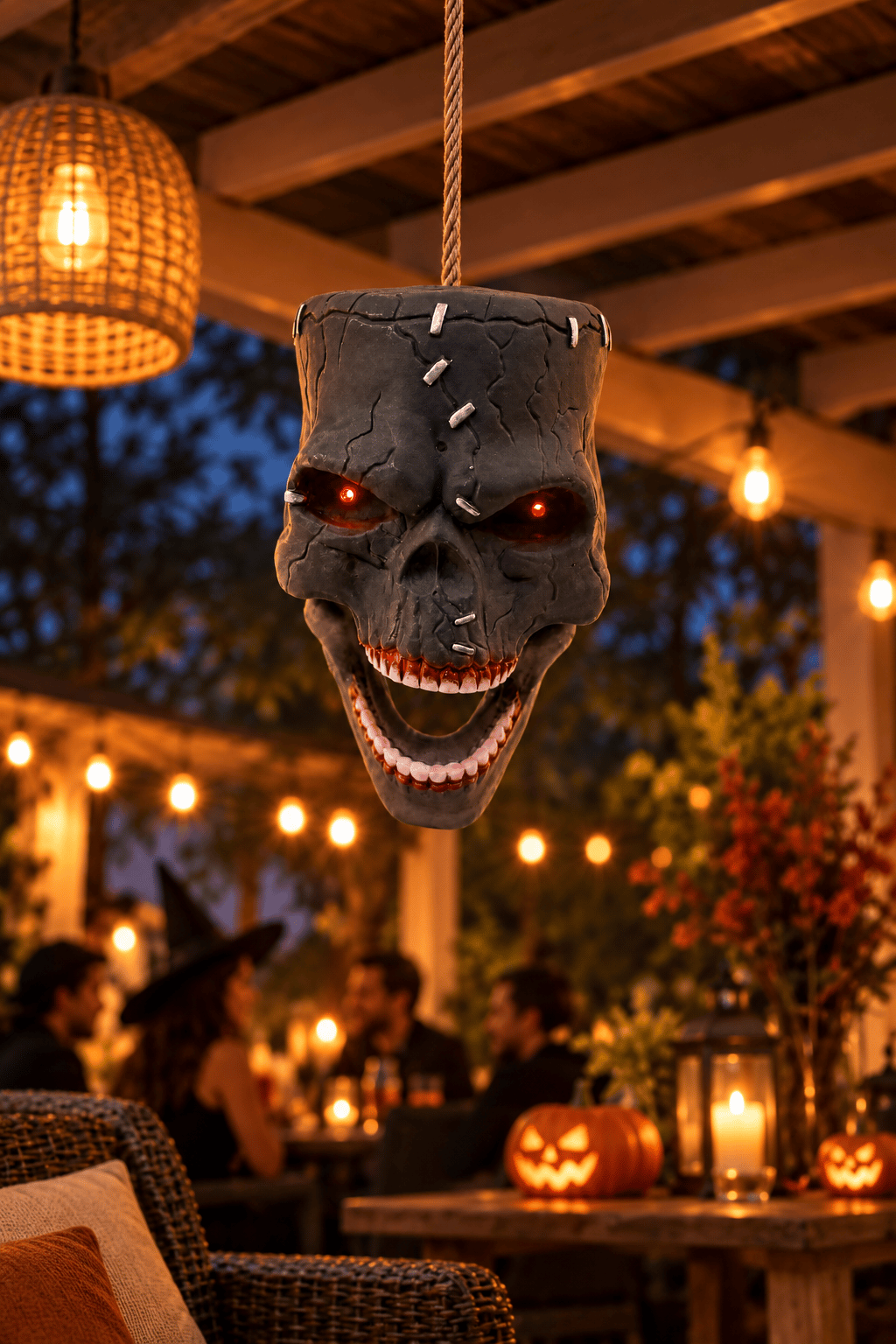 Halloween Sesli ve Kırmızı Işıklı Asılabilir Korkunç Kuru Kafa Cadılar Bayramı