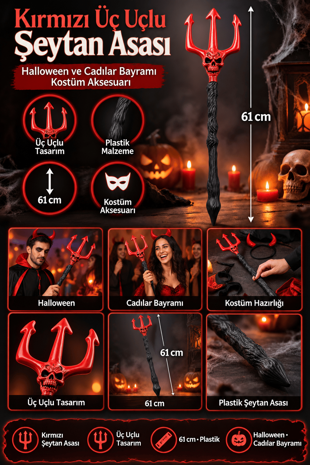 Halloween Şeytan Asası 61 cm Kırmızı Üç Uçlu Plastik  Cadılar Bayramı