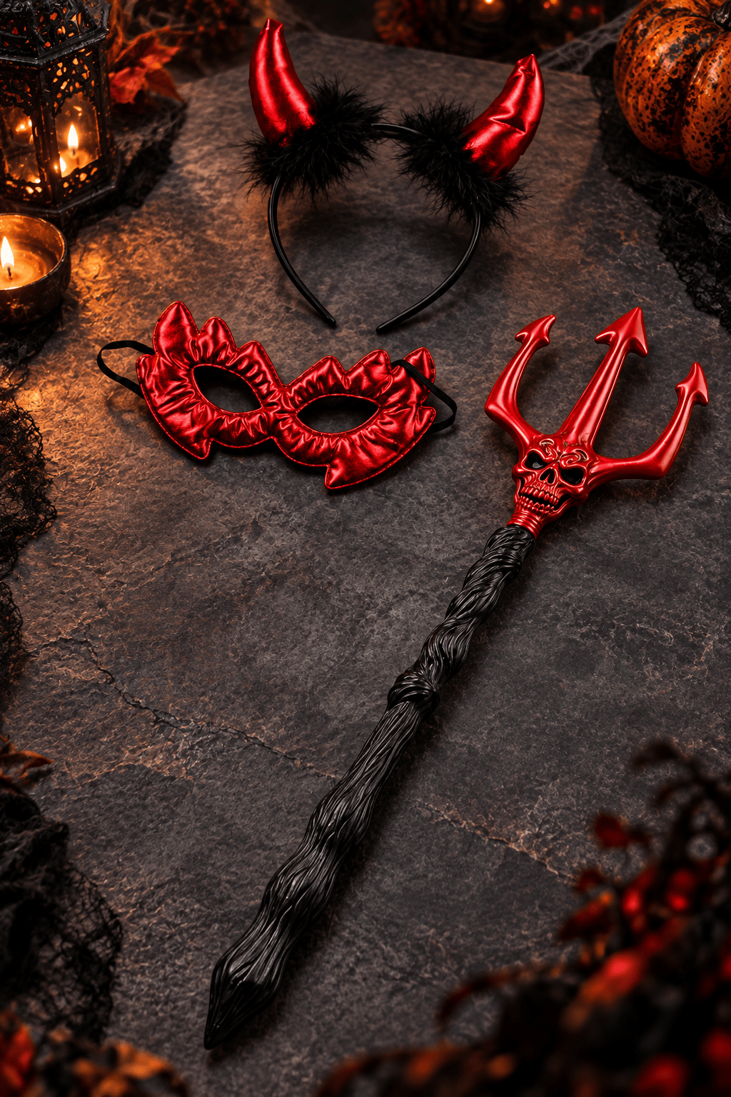 Halloween Şeytan mızrağı 61cm +saten  şeytan gözlük taç seti