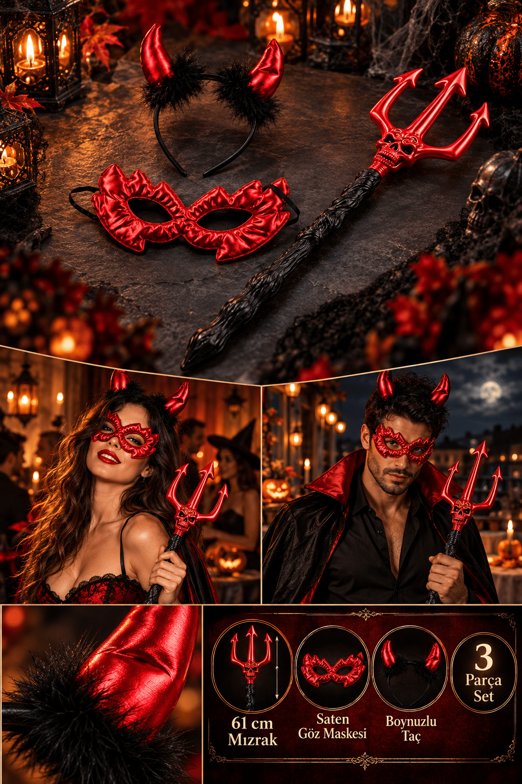 Halloween Şeytan mızrağı 61cm +saten  şeytan gözlük taç seti
