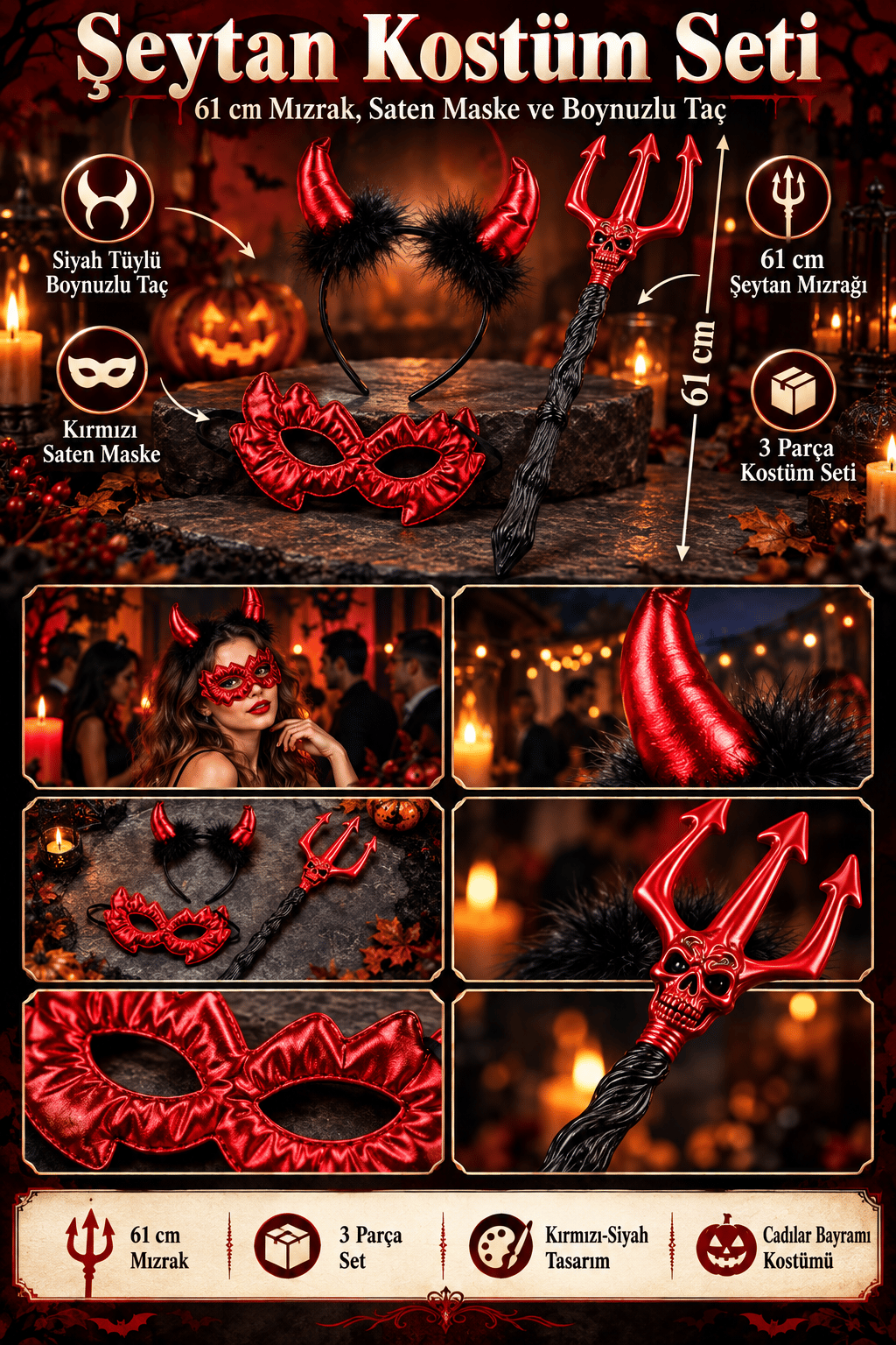 Halloween Şeytan mızrağı 61cm +saten  şeytan gözlük taç seti
