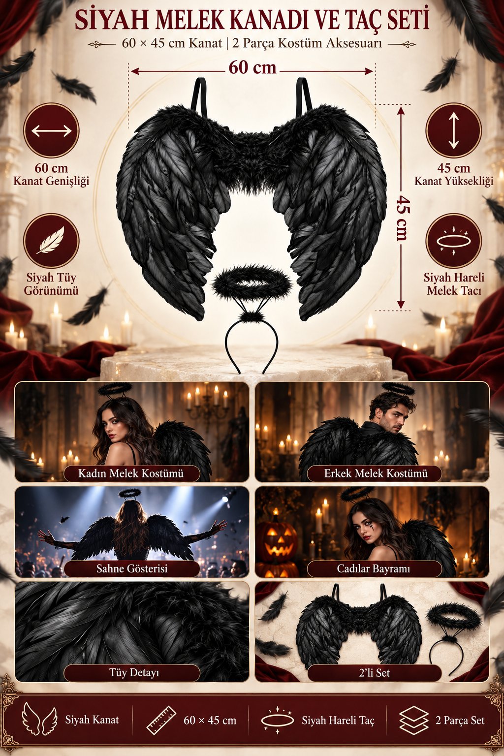 Halloween Siyah 60X45 melek kanadı+siyah hareli melek tacı 2li set