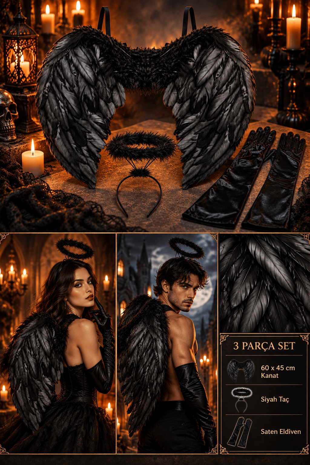 Halloween Siyah 60X45 melek kanadı+siyah hareli melek tacı+Siyah saten uzun eldiven